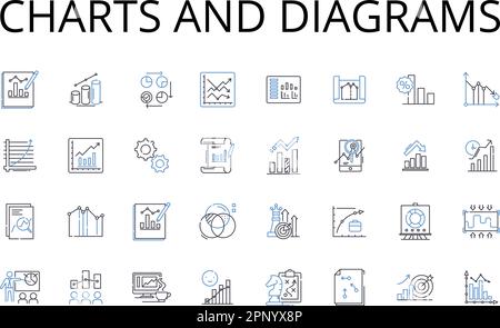 Charts and diagrams line icons collection. Numbers figures, Maps blueprints, Facts statistics, Information data, Numbers digits, Tables grids Stock Vector