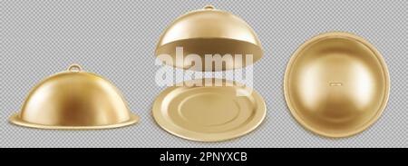 Realistic set of open and closed golden cloche food trays isolated on transparent background. Vector illustration of round 3D platter with bell lid. R Stock Vector