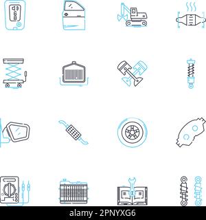 Car dealership linear icons set. Inventory, Finance, Sales, Service, Maintenance, Repairs, Insurance line vector and concept signs. Warranty,Trade-ins Stock Vector