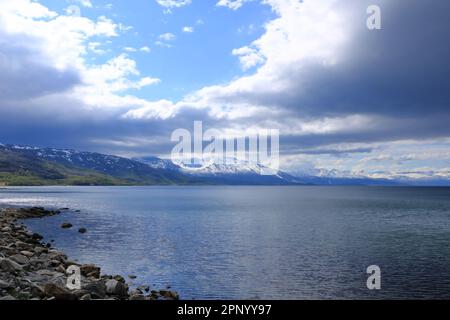 View from Bjerkvik in Norway during a Nordic summer day towards to Ofotfjord and Narvik Stock Photo