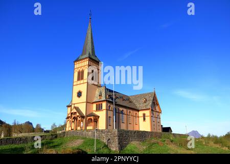 the Kabelvag Wooden Church in blue sky, Lofoten Islands, Norway Stock Photo