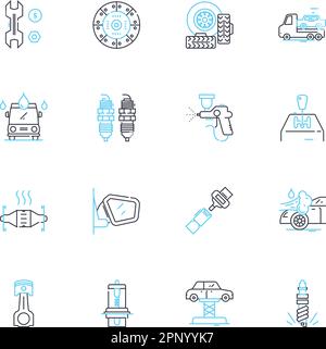 Auto Repair linear icons set. Maintenance, Diagnostics, Brakes, Engine, Transmission, Suspension, Exhaust line vector and concept signs. Battery Stock Vector