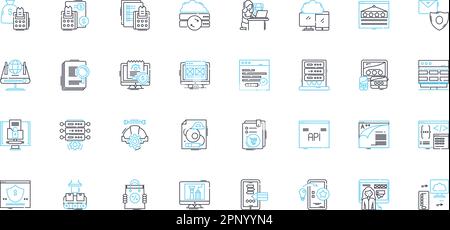 Cloud Computing linear icons set. Infrastructure, Storage, Scalability, Virtualization, Security, Reliability, Mobility line vector and concept signs Stock Vector