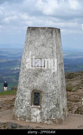 Triangulation point on the summit of the Worcestershire Beacon in the Malvern Hills, Worcestershire, England Stock Photo