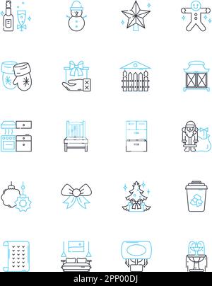 Home accents linear icons set. Cushions, Rugs, Paintings, Vases, Clocks, Mirrors, Candles line vector and concept signs. Curtains,Textiles,Figurines Stock Vector
