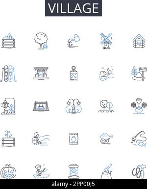 Village line icons collection. Hamlet, Small town, Rural community, Settlement, Countryside, Outpost, Colony vector and linear illustration. Township Stock Vector