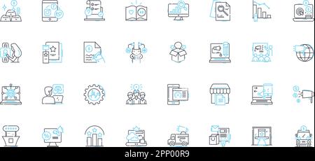 Sales strategies linear icons set. Upsell, Cross-sell, Discounting, Bundling, Prospecting, Pipeline, Forecasting line vector and concept signs Stock Vector