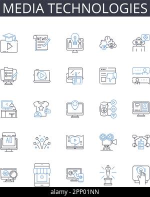 Media technologies line icons collection. Digital devices, Information systems, Communication tools, Computer programs, Technology systems, Machine Stock Vector