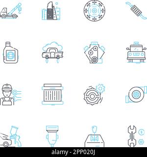 Engine parts linear icons set. Piston, Crankshaft, Timing belt ...