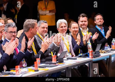 Berlin, Germany. 21st Apr, 2023. Marie-Agnes Strack-Zimmermann (FPD, M), chairwoman of the defense committee, smiles at the FDP federal party conference. One of the items on the agenda is the election of the new party leadership. Credit: Christoph Soeder/dpa/Alamy Live News Stock Photo