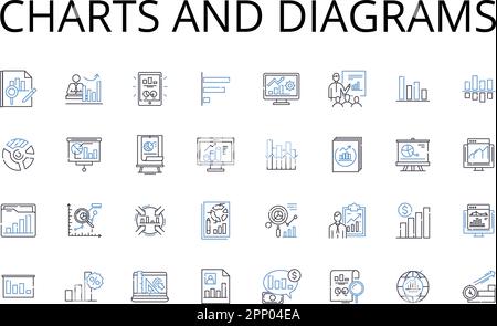 Charts and diagrams line icons collection. Numbers figures, Maps blueprints, Facts statistics, Information data, Numbers digits, Tables grids Stock Vector