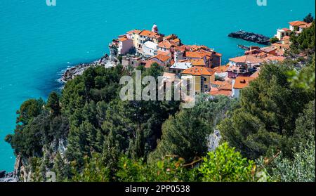 Aerial view of Tellaro, ancient and small village near Lerici, in the Gulf of La Spezia - Golfo dei Poeti - Liguria, Italy, Europe Stock Photo