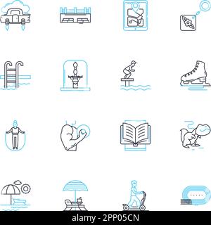 Fitness routine linear icons set. Flexibility, Endurance, Strength, Cardio, Agility, Power, Balance line vector and concept signs. Coordination,Core Stock Vector