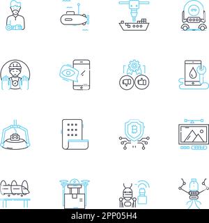 Innovative technologies linear icons set. Automation, Augmented, Virtual, Nanotechnology, Machine-learning, Cloud-computing, Biotechnology line vector Stock Vector