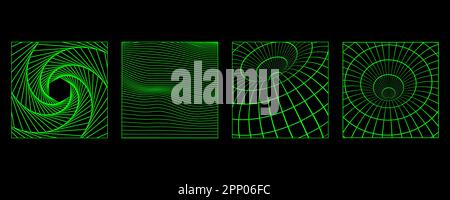 3D wireframe posters with geometric shapes and grids in trendy retro cyberpunk 80s 90s style. Y2k aesthetic. Stock Vector