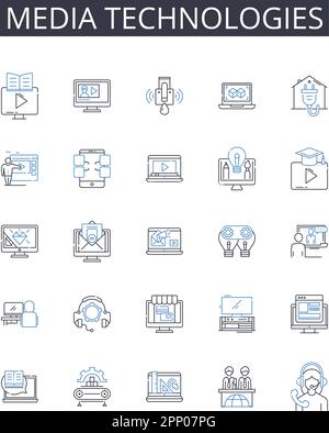 Media technologies line icons collection. Strategy, Analytics, Engagement, Optimization, Content, Planning, Advertising vector and linear illustration Stock Vector