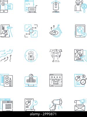 Publicity company linear icons set. Promote, Visibility, Exposure, Outreach, Advertise, Campaigns, Branding line vector and concept signs. Media,Press Stock Vector