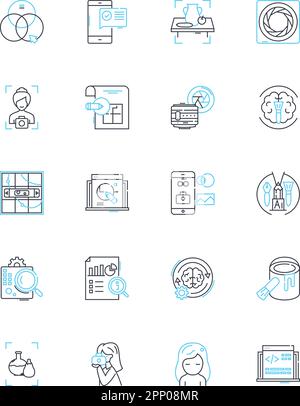 Music production linear icons set. Arrangement, Beatmaking, Composition, Editing, Harmonization, Instrumentation, Jamming line vector and concept Stock Vector