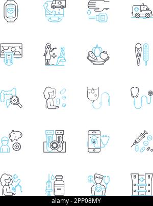 Health center linear icons set. Wellness, Fitness, Nutrition, Prevention, Treatment, Healing, Therapies line vector and concept signs. Rehabilitation Stock Vector