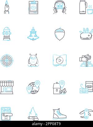 Seaside sanctuary linear icons set. Ocean, Waves, Sand, Beach, Sun, Salt, Coastline line vector and concept signs. Seagulls,Shells,View outline Stock Vector