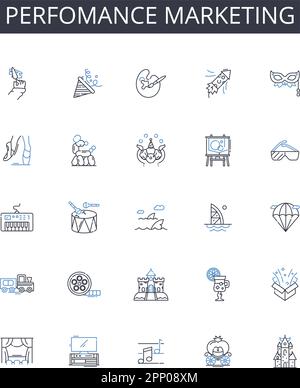 Perfomance marketing line icons collection. Digital advertising, Content marketing, Brand management, SEO optimization, Affiliate marketing, Email Stock Vector