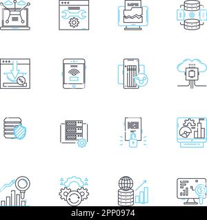 Social research linear icons set. Sampling, Analysis, Survey, Quantitative, Qualitative, Data, Demographics line vector and concept signs Stock Vector
