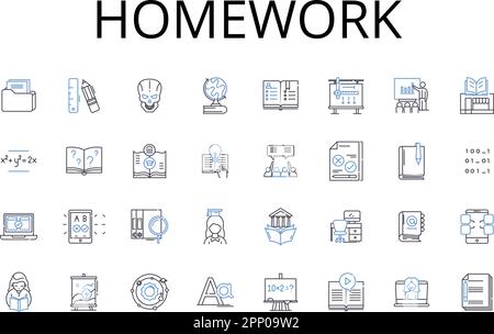 Homework line icons collection. Assignment-task, Project-activity, Test-exam, Essay-paper, Reading-study, Presentation-talk, Quiz-questionnaire vector Stock Vector