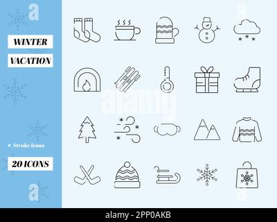 20 Winter Vacation Icon Or Symbol Set In Stroke Style. Stock Vector