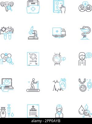 Medical center linear icons set. Clinic, Hospital, Pharmacy, Laboratory, Emergency, Rehabilitation, Radiology line vector and concept signs. Surgery Stock Vector