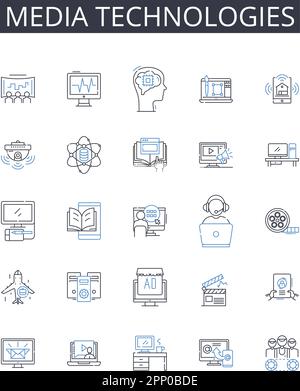 Media technologies line icons collection. Digital devices, Information systems, Communication tools, Computer programs, Technology systems, Machine Stock Vector
