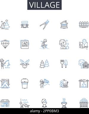 Village line icons collection. Hamlet, Small town, Rural community, Settlement, Countryside, Outpost, Colony vector and linear illustration. Township Stock Vector