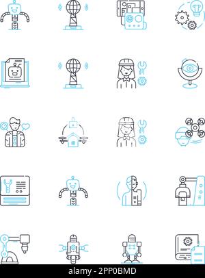 Unmanned aircraft linear icons set. Drs, Quadcopters, UAS, UAVs, Remotely Piloted Vehicles, Flying Robots, Helicopters line vector and concept signs Stock Vector