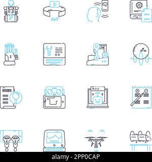 Digital fabrication linear icons set. Additive manufacturing, Robotics, Laser-cutting, D scanning, Material science, Rapid prototyping, CNC line Stock Vector