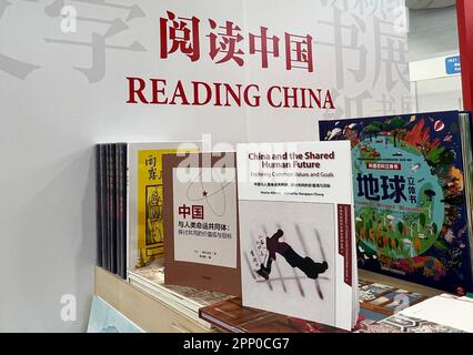 London, UK. 21st Apr, 2023. This photo taken on April 20, 2023 shows a booth displaying China-themed books at the London Book Fair in London, Britain. The three-day London Book Fair concluded on Thursday, with offerings from Chinese publishers receiving warm response from international publishers and industry professionals. TO GO WITH 'Roundup: Offerings from Chinese publishers warmly received at London Book Fair' Credit: Xinhua/Alamy Live News Stock Photo