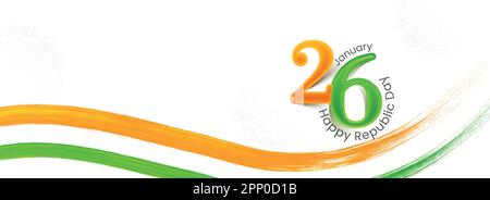 26 January Happy Republic Day Font With Tricolor Brush Stroke Wave Against White Background. Stock Vector