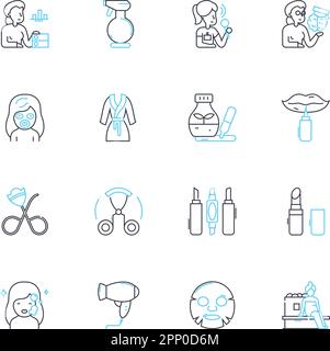 Skin treatment linear icons set. Hydration, Exfoliation, Acne, Rejuvenation, Moisturizer, Retinol, Antioxidant line vector and concept signs. Serum Stock Vector