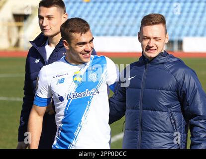 Uzhhorod, Ukraine - March 12, 2023: Kostiantyn Vivcharenko of Dynamo Kyiv celebrates after win the VBET Ukrainian Premier League game against SC Dnipro-1 at Avanhard stadium in Uzhhorod Stock Photo