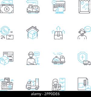 Transport services linear icons set. Carpooling, Commuting, Airport, Delivery, Motorbike, Bus, Cab line vector and concept signs. Freight,Logistics Stock Vector
