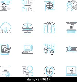 Cybersecurity linear icons set. Encryption, Firewall, Biometrics, Malware, Phishing, Hacking, Backdoor line vector and concept signs. Espionage Stock Vector