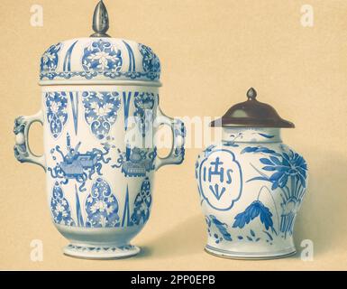 Two pieces of K'ang-Hsi Blue and White Tall Two-Handled Cup and Cover (Kai Wan) and Small Jar (Hsiao Kuan) painted in bright blue in the early K'ang-hsi style (1662-1722) From the book ' ORIENTAL CERAMIC ART COLLECTION OF William Thompson Walters ' Published in 1897 Stock Photo