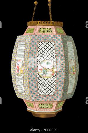 Ch'ien-Lung Open Work Lantern (Teng) of oval hexagonal form 10.5 inches high with panels carved in open work design from the Ch'ien-Lung period (1736-95) From the book ' ORIENTAL CERAMIC ART COLLECTION OF William Thompson Walters ' Published in 1897 Stock Photo