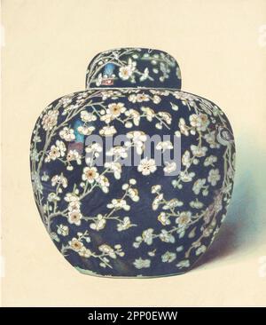 BLACK ' HAWTHORN ' JAR. PLUM-BLOSSOM JAR (Mei Hua Kuan) 10.5 inches high, of globular outline, with rounded cover, decorated with an interlacement of floral sprays, springing upward from a rockery on one side, and downward from the rim From the book ' ORIENTAL CERAMIC ART COLLECTION OF William Thompson Walters ' Published in 1897 Stock Photo