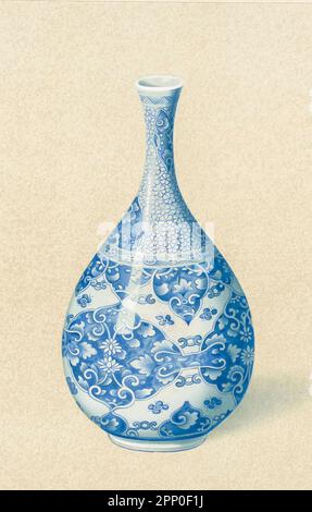 Blue and White Brocaded vase (P’ing). of Persian form, with bulging body and slender, tapering neck, decorated in pale blue of pure tint with floral grounds and foliated panels of floral brocade The K'ang-hsi period (1662-1722) From the book ' ORIENTAL CERAMIC ART COLLECTION OF William Thompson Walters ' Published in 1897 Stock Photo