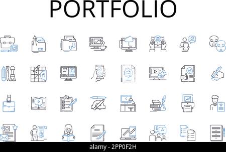 Portfolio line icons collection. Collection, Compilation, Anthology, Assortment, Array, Grouping, Stockpile vector and linear illustration. Depiction Stock Vector