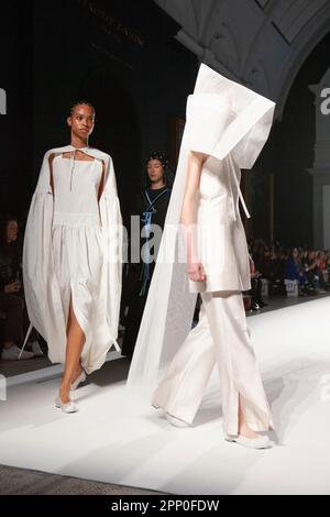 London, UK. 21st Apr, 2023. Korean designer Minju Kim, winner of the inaugral Netflix Next in Fashion programme, presents a selection of her haute couture designs at a runway event at the V&A Museum as part of their Fashion in Motion series. Credit: Anna Watson/Alamy Live News Stock Photo