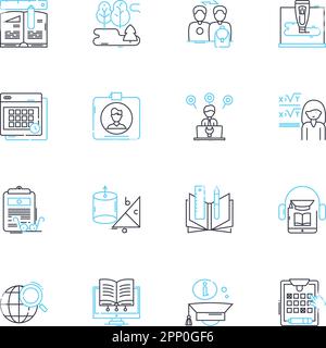 Training compnts linear icons set. Instruction, Practice, Education, Skill-building, Development, Coaching, Regimen line vector and concept signs Stock Vector