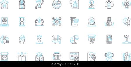 Job progression linear icons set. Advancement, Career, Development, Evolution, Growth, Improvement, Success line vector and concept signs. Promotion Stock Vector