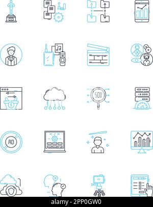 Web promotion linear icons set. SEO, Content, Social, Marketing, Analytics, PPC, Keywords line vector and concept signs. Traffic,Links,Targeting Stock Vector