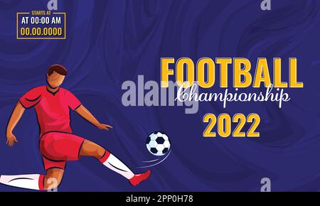 2022 Football Championship Concept With Faceless Male Player Kicking Ball On Blue Twirl Marble Texture Background. Stock Vector