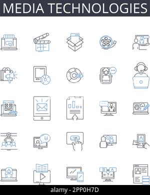 Media technologies line icons collection. Digital devices, Information systems, Communication tools, Computer programs, Technology systems, Machine Stock Vector